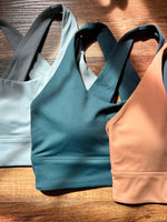 Load image into Gallery viewer, Power Cross Back Sports Bra in Marine Green
